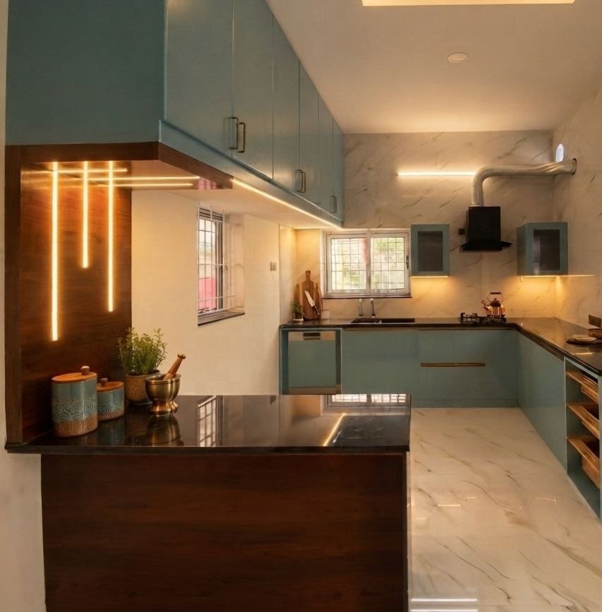 Contemporary Duck-Egg & Teak Kitchen