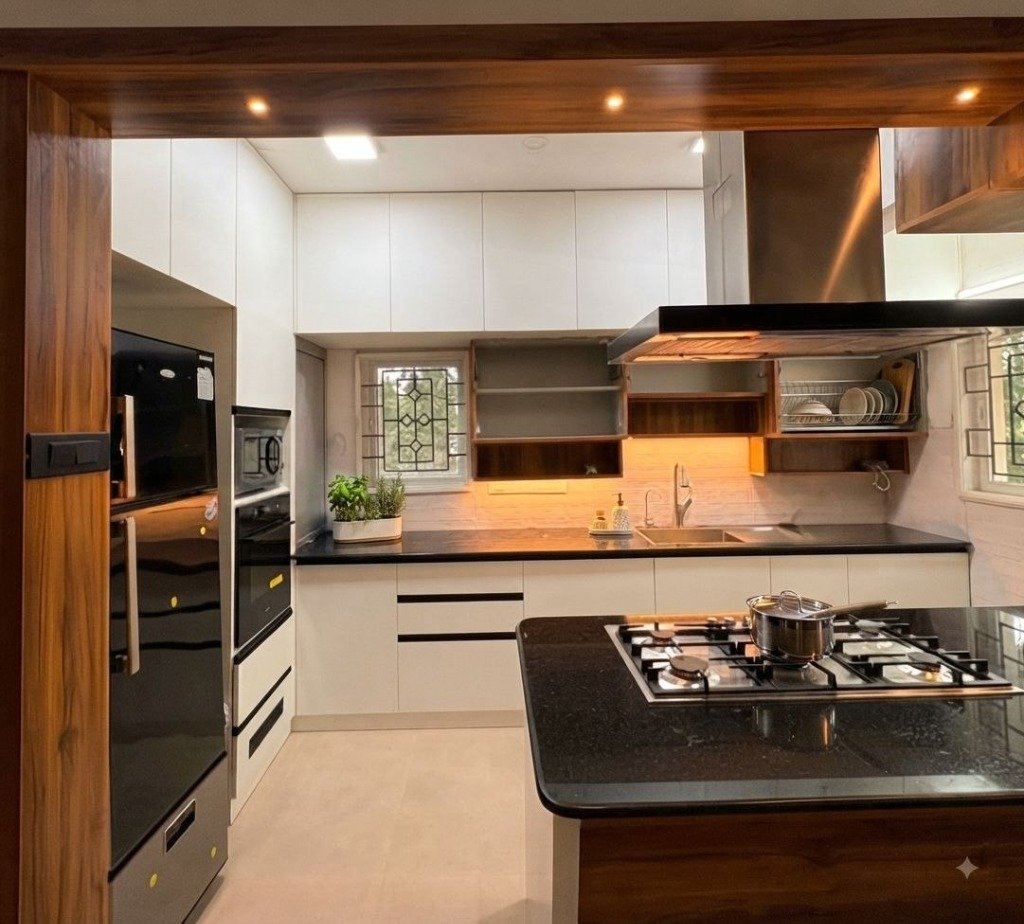 Monochrome & Teak Island Kitchen