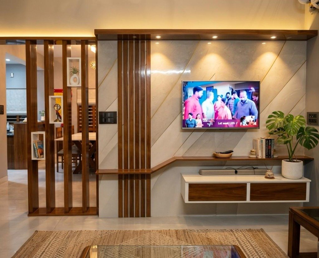 Diagonal Marble & Integrated Slat Partition Media Wall